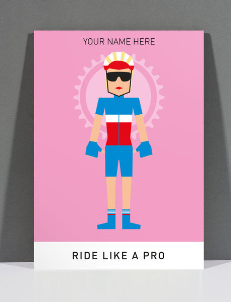 SpeedyShark Ride Like A Pro Short Blonde Hair, Blue Bib & Pink Background