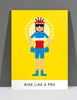 SpeedyShark Ride Like A Pro Brown Long Hair, Blue Bib & Yellow Background