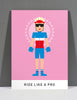 SpeedyShark Ride Like A Pro Short Blonde Hair, Blue Bib & Pink Background